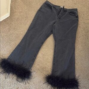 Black Flare Jeans with Feather Trim